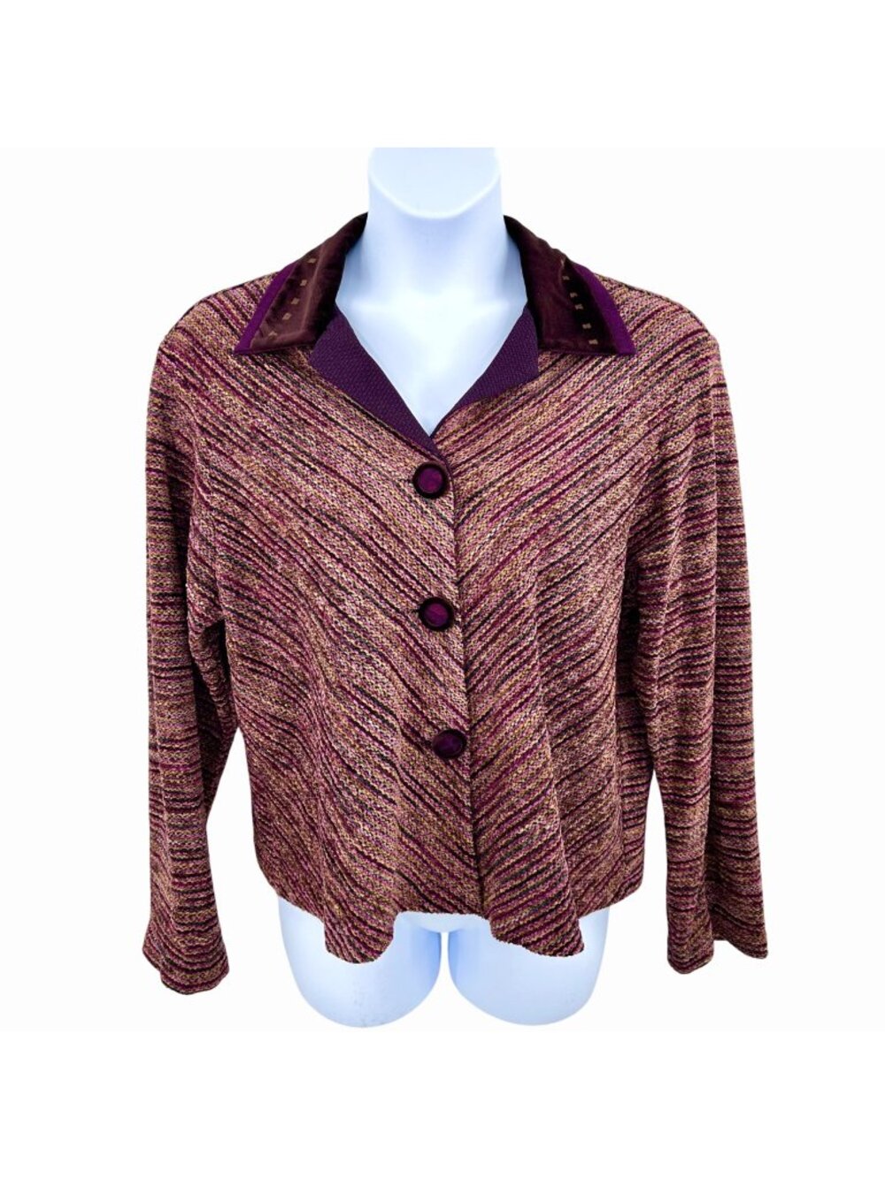 VINTAGE K.d. SPRING MULTICOLOR TEXTURED PURPLE BURGUNDY BUTTON CARDIGAN SWEATER